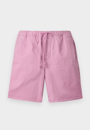 Helle rosa Shorts aus weichem Material, mit einem elastischen Bund und einem Kordelzug, sowie seitlichen Taschen. Gerader Schnitt, ohne Muster.