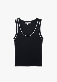 Schwarzes geripptes Tanktop mit Rundhalsausschnitt und weißen Akzenten entlang des Ausschnitts und der Armausschnitte. Es hat ein figurnahes Design.