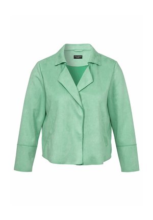 Weiche Damenjacke in Minzgrün mit breiten Revers, langen Ärmeln, Fronttaschen und verdecktem Knopfverschluss.