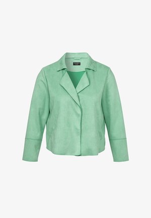 Zachttextuur damesjack in muntgroen met brede revers, lange mouwen, steekzakken aan de voorkant en een verborgen knoopsluiting.