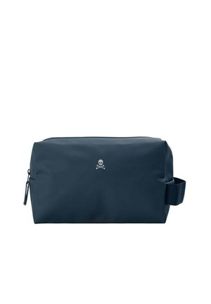 Bolsa de aseo rectangular de color azul oscuro con cremallera en la parte superior, asa lateral y un pequeño logo de calavera y tibias cruzadas en el centro.