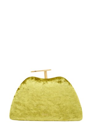 Grüne Samt-Clutch mit runder Form, goldfarbenen Beschlägen und strukturierter Oberfläche, die subtile Farbvariationen aufweist.