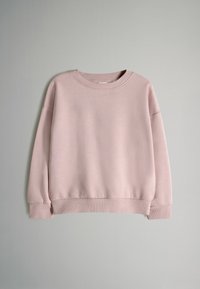 Světle růžová mikina, směs bavlny, kulatý výstřih, spadlá ramena, žebrované manžety a spodek, hladká textura, ležérní design bez grafiky.
