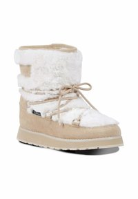 Vaaleat nilkkurit, joissa on valkoinen tekokarvavuori, samettimateriaali, pyöreä kärki ja koristeelliset nauhat. Tasainen kumipohja vähäisellä profiililla.