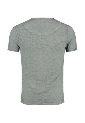 Grijze T-shirt met korte mouwen en een subtiele gemêleerde textuur, ronde halslijn en rechte zoom. Geen zichtbare logo's of patronen.