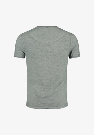 Szary, krótki rękaw t-shirt o subtelnej heatherowej fakturze, z okrągłym dekoltem i prostym wykończeniem. Bez widocznych logo ani wzorów.