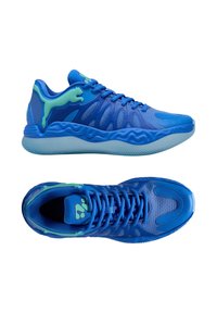 Scarpe da corsa blu con mesh strutturato e materiale sintetico, caratterizzate da un logo verde prominente e un design moderno e aerodinamico.