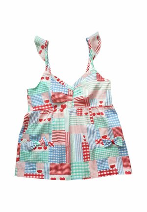 Haut sans manches pour enfants avec motif patchwork à carreaux rouges, verts et bleus, cœurs et nœuds sur les poches avant.