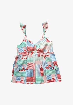 Haut sans manches pour enfants avec motif patchwork à carreaux rouges, verts et bleus, cœurs et nœuds sur les poches avant.