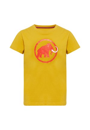 Gelbes Baumwoll-T-Shirt mit einem roten Mammut-Graphic innerhalb eines kreisförmigen Rahmens. Kurzärmliges Design mit Rundhalsausschnitt und glatter Textur.