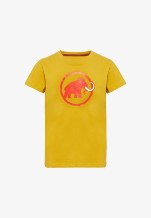 T-shirt in cotone giallo con grafica di un mammuth rosso all'interno di un contorno circolare. Design con maniche corte e collo a girocollo, con una texture liscia.
