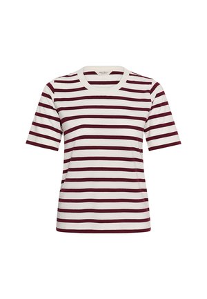 Majica z okroglim ovratnikom z kratkimi rokavi z horizontalnimi temno rdečimi in belimi črtami, prikazana na belem ozadju.