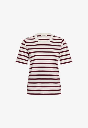 T-shirt à manches courtes et col rond avec des rayures horizontales rouge foncé et blanches, présenté sur un fond blanc.