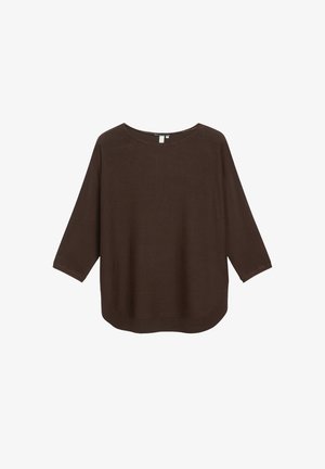 Camicia marrone a maniche lunghe con scollo arrotondato e orlo leggermente curvo, mostrata piatta su sfondo bianco.