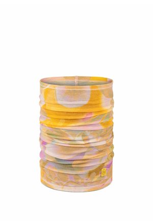 Yellow and pastel-colored multifunctional tubular neck gaiter with abstract floral patterns and small brand logo tag.