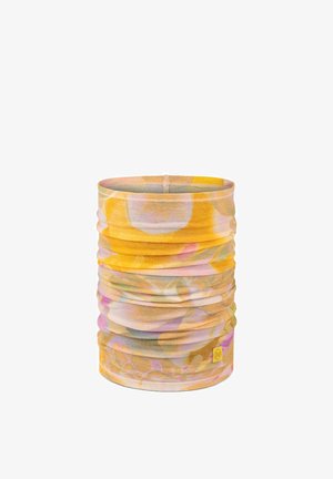 Yellow and pastel-colored multifunctional tubular neck gaiter with abstract floral patterns and small brand logo tag.