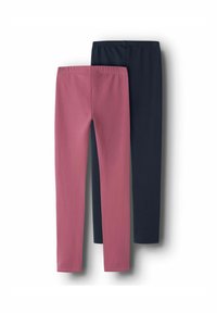 Deux paires de leggings sont présentées : l'une en marine foncé et l'autre en rose clair. Les deux ont une taille élastique et une texture lisse et extensible.