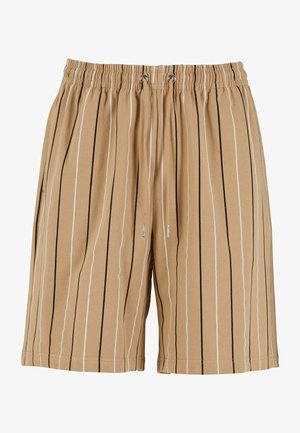 Beige shorts med lodrette sorte og hvide striber, elastisk talje med justerbar snor og en blød, glat stoftekstur.