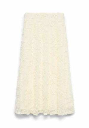Fustă midi de culoare crem, cu formă în linie A, cu modele florale texturate și reliefate și talie mulată.