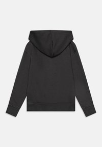 Felpa nera con cappuccio caratterizzata da una texture liscia, maniche lunghe, polsini a coste e orlo dritto con dettagli di design minimi.
