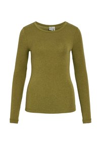 Dolga majica z dolgimi rokavi, olivno zelene barve, izdelana iz mehke tkanine, s krožnim izrezom in prilegajočim krojem. Ima minimalne detajle in brez vidnih vzorcev.