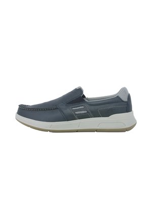 Scarpa casual slip-on blu navy con suola bianca, collo tallone in mesh e cuciture decorative sulla parte laterale superiore.