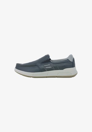 Scarpa casual slip-on blu navy con suola bianca, collo tallone in mesh e cuciture decorative sulla parte laterale superiore.
