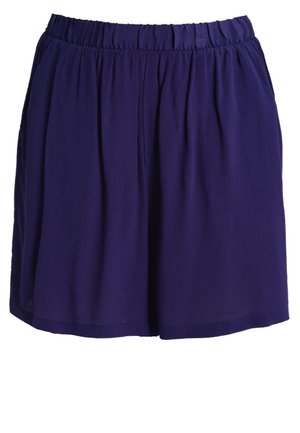 Donkerblauwe losse korte broek met een elastische tailleband en zachte plooien aan de voorkant.