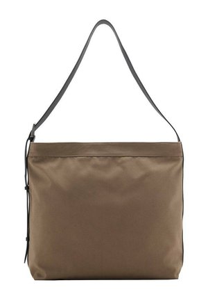 Geantă de umăr din nylon maro, cu o curea neagră, cu o textură netedă și un design minimalist, potrivită pentru utilizarea zilnică.