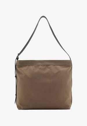 Braune Nylon-Schultertasche mit schwarzem Tragegurt, ausgestattet mit einer glatten Textur und minimalistischem Design, geeignet für den täglichen Gebrauch.