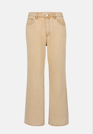 Bež kavbojke z visokim pasom, širokim krojem, sprednjim gumbom za zapiranje in dvema sprednjima žepoma. Gladka tekstura s subtilnimi šivi.