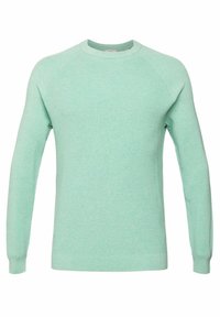 Maglione lavorato a maglia verde menta con texture a coste, colletto rotondo e maniche lunghe. Design semplice, senza motivi o dettagli.