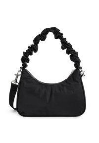 Borsa a tracolla in tessuto nero con manico arricciato, hardware in argento, apertura superiore con zip e una texture morbida e liscia.