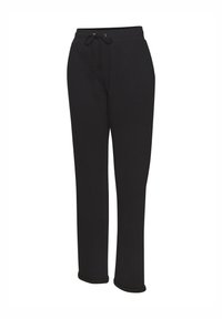 Crne trenirke od mekog materijala, s pojasom za skupljanje, dva bočna džepa i suženim manžetama za opušteni izgled.