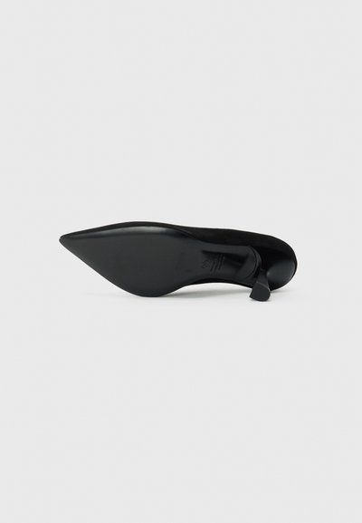 Black high-heeled shoe with a pointed toe, soft texture, and a sleek design. The sole is smooth, with a curved heel and minimalist accents.