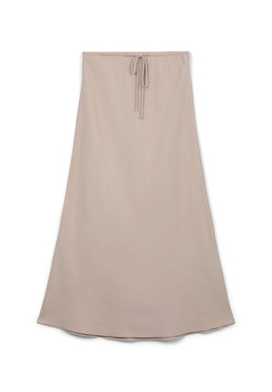 Beige A-Linien-Rock mit gebundenem Kordelzugbund, glatter Textur und leicht ausgestelltem Saum, flach auf einem weißen Hintergrund ausgelegt.