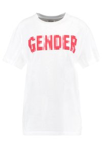 Bílá bavlněná tričko s výrazným červeným pixelovým nápisem "GENDER" na hrudi. Krátké rukávy, kulatý výstřih, uvolněný střih.