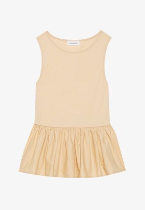 Sleeveless top with a fitted ribbed upper section in light beige and a flared, shiny, gathered skirt in a matching hue.