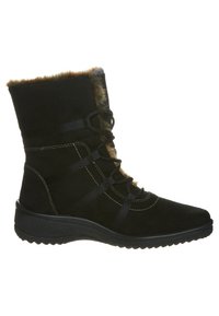 Bota de ante negro con un cuello de piel sintética, suela de goma y cordones elásticos entrelazados. Presenta costuras visibles y un tobillo acolchado.