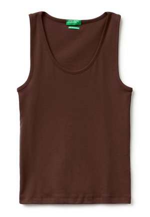 Brązowy bawełniany top bez rękawów z zaokrąglonym dekoltem i zieloną metką "United Colors of Benetton" wewnątrz kołnierza.