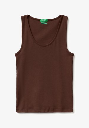 Débardeur marron en coton sans manches avec encolure arrondie et étiquette verte « United Colors of Benetton » à l'intérieur du col.