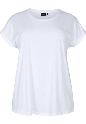 Camiseta blanca de manga corta hecha de tejido suave, con cuello redondo y mangas enrolladas. Diseño sencillo sin patrones ni acentos.
