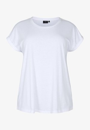 Valge lühikese varrukaga T-särk, mis on valmistatud pehmest kangast, ümmarguse kaelusega ja rullitud varrukatega. Lihtne disain ilma mustrite või aktsendita.