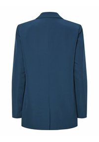 Vue de dos d'un blazer bleu marine à manches longues, avec une fente centrale et un col cranté.