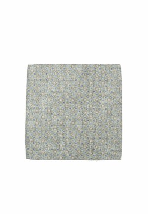 Floral-patterned tablecloth featuring a green background with small blue and white flowers, made from textured fabric. Rectangular shape.