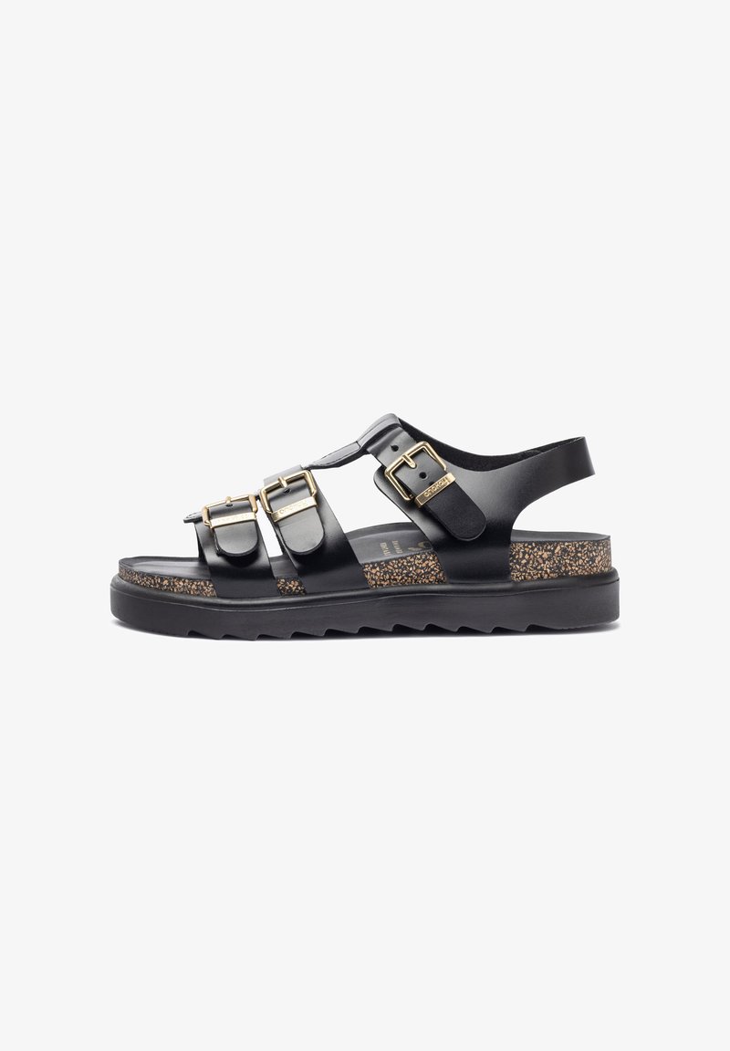 Sandales en cuir noir avec trois sangles à boucles, une semelle intérieure en liège texturé et une semelle en caoutchouc avec un motif de crans en zigzag.