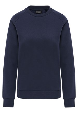 Mörkblå sweatshirt med rund hals, raglanärmar, ribbade muddar och nederkant, tillverkad av ett mjukt, strukturerat tyg.