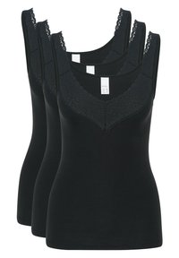 Schwarze Tanktops mit breiten Trägern, Spitzenverzierungen am Ausschnitt und figurbetontem Design. Drei Artikel zusammen präsentiert.