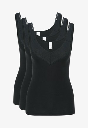 Black tank tops with wide straps, lace detailing around the neckline, and a fitted design. Three items displayed together.