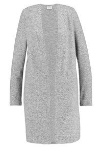 Long cardigan gris en matériau souple et texturé. Design à l'avant ouvert avec des manches longues et une coupe droite, présentant un léger motif chiné.